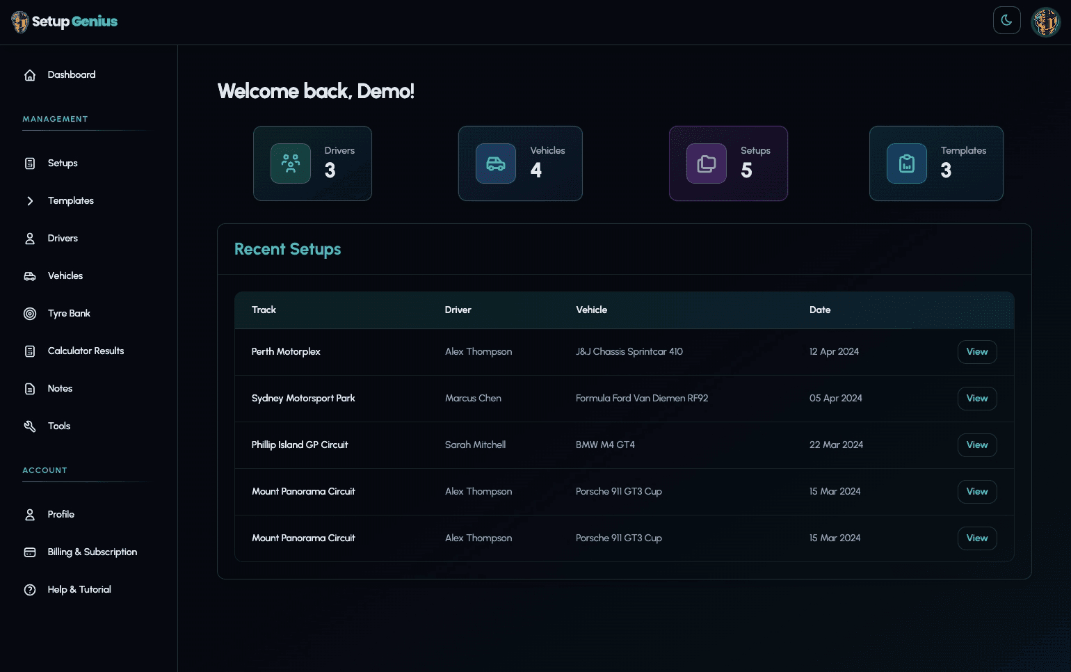 Setup Genius - Dashboard Overview