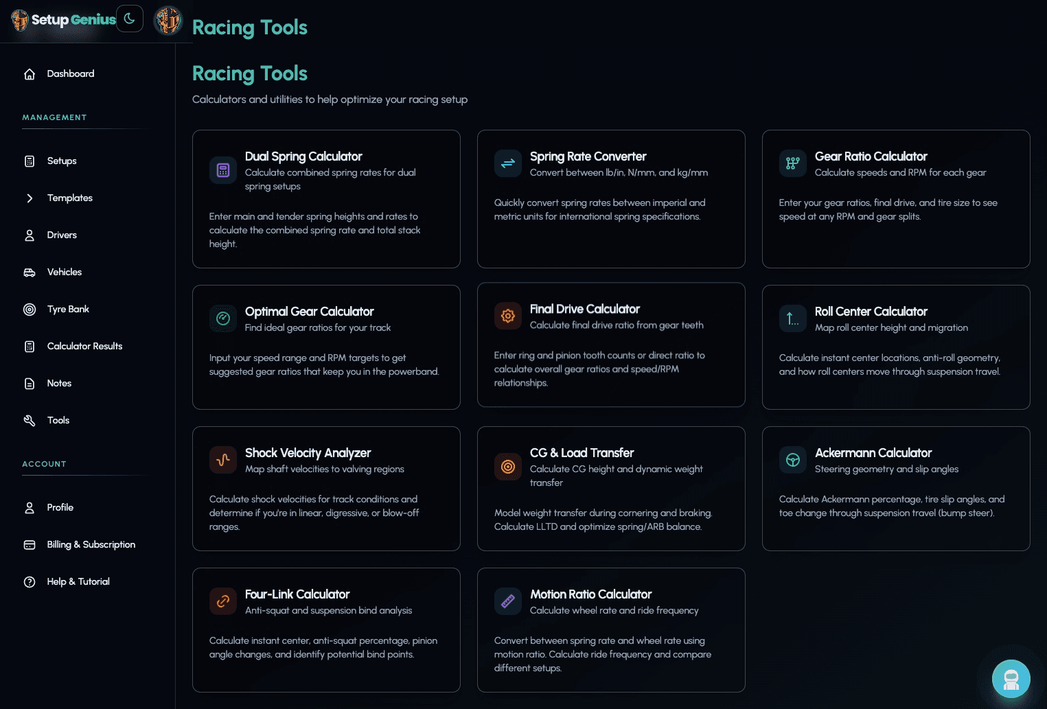 Setup Genius - Racing Calculator Tools